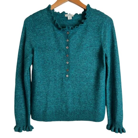 SUNDANCE Edwina Henley Cashmere Blend Ruffle Trim Sweater in Teal Green Sz Small - Picture 2 of 9